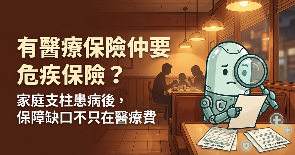 LifeTego 品牌機器人手持放大鏡及保險文件,坐在餐桌前檢視保單。背景是一家人在餐廳用餐,畫面左側以大型繁體中文字顯示「有醫療保險仲要危疾保險?家庭支柱患病後,保障缺口不只在醫療費」,周圍有醫療十字及保險文件圖示,象徵比較醫療保險與危疾保險的家庭保障需要。