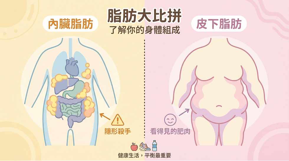 這張圖表清晰揭示了隱藏在器官周圍的「隱形殺手」內臟脂肪,與皮膚下「看得見的肥肉」皮下脂肪之差異。了解身體組成,是精準燃脂的第一步。