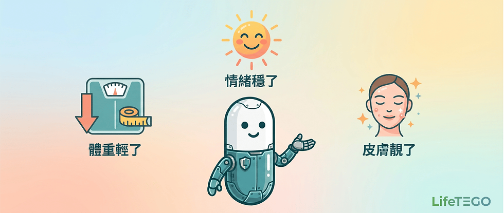 LifeTEGO 機器人展示戒糖的三大好處:體重減輕(體重計圖示)、情緒穩定(太陽笑臉圖示)以及皮膚變好(女性面部發光圖示)。