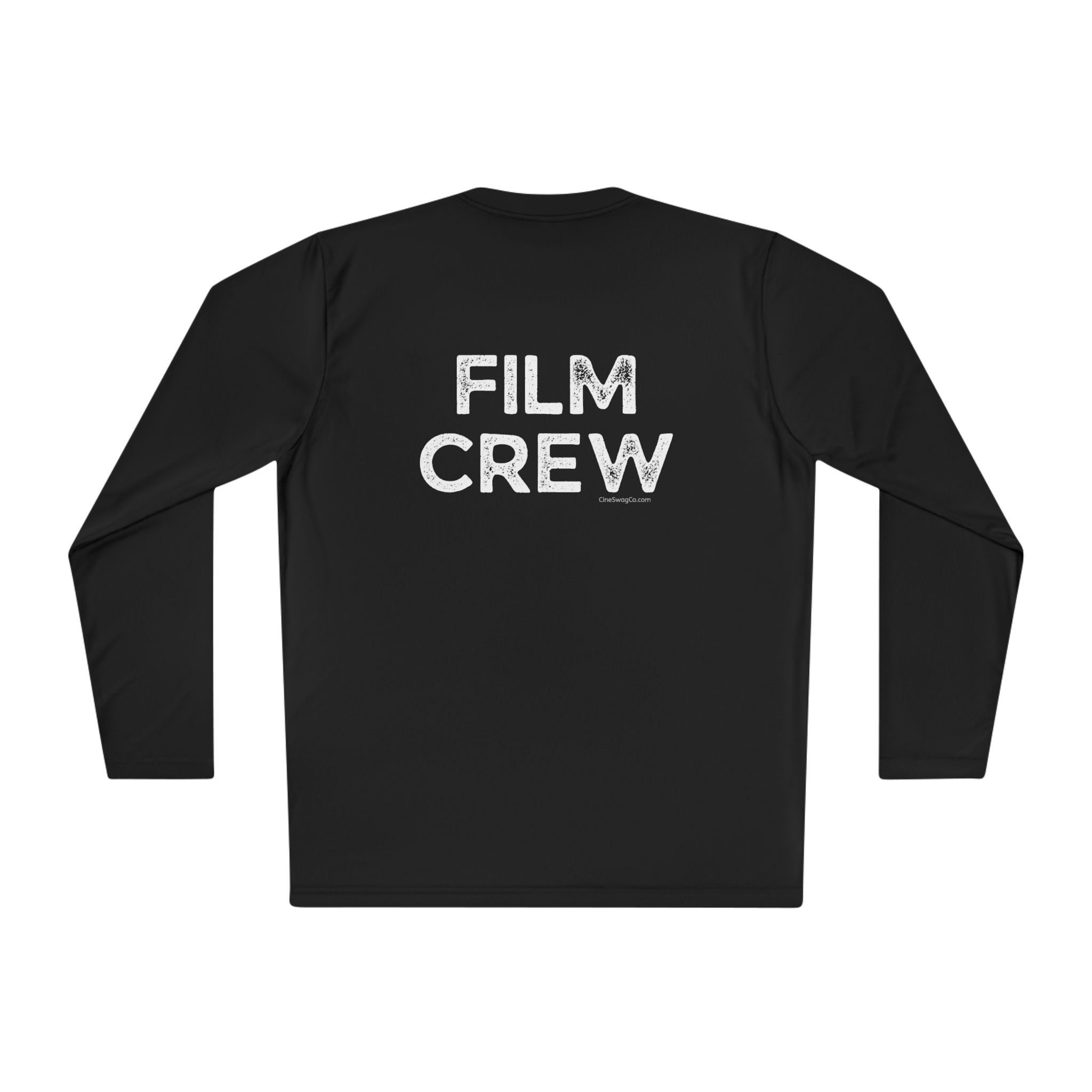 "Film Crew" Text on Back. Long Sleeve Tee. Moisture Wicking Polyester.