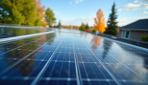 A wide, low-angle shot of a residential solar panel system installed on a roof alongside traditional orange terracotta tiles, set against a vast and clear turquoise sky. The blue photovoltaic panels are arranged in a clean, geometric grid that reflects the bright daylight, illustrating a modern integration of renewable energy technology with classic home architecture. The composition emphasizes the contrast between the sleek, functional solar array and the textured roofing material under a wide-open horizon.