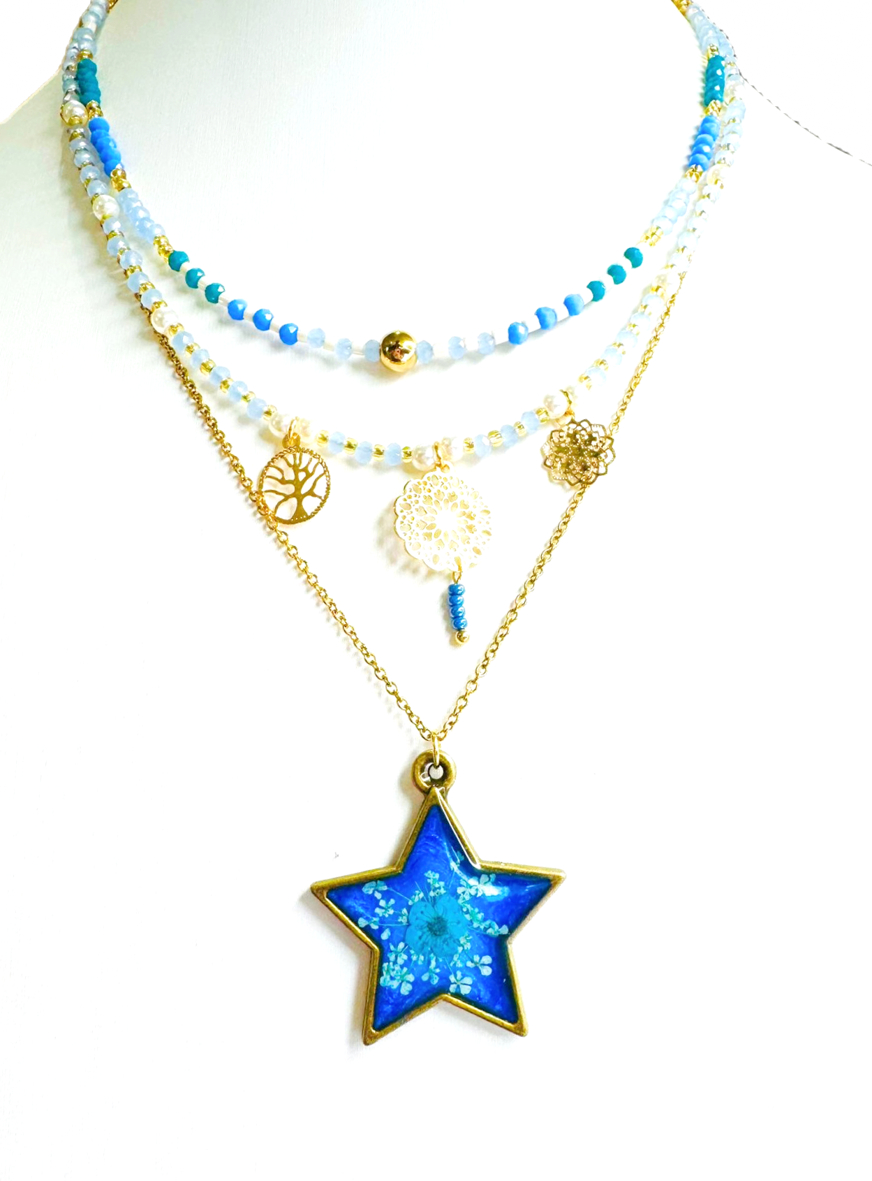 Layered real flowers star beaded necklace