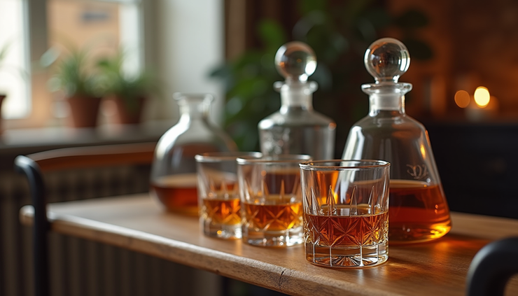 Close-up view of vintage whiskey glasses and decanters on a wooden bar cart