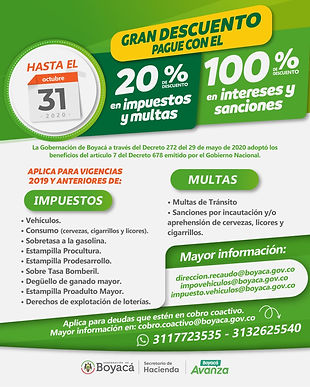 Descuento del 100% en intereses y 20% en impuestos