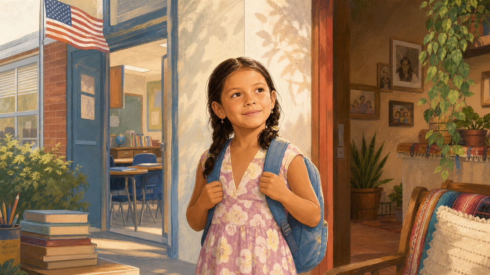 Illustration of a child standing between an American school and a Latin American family home