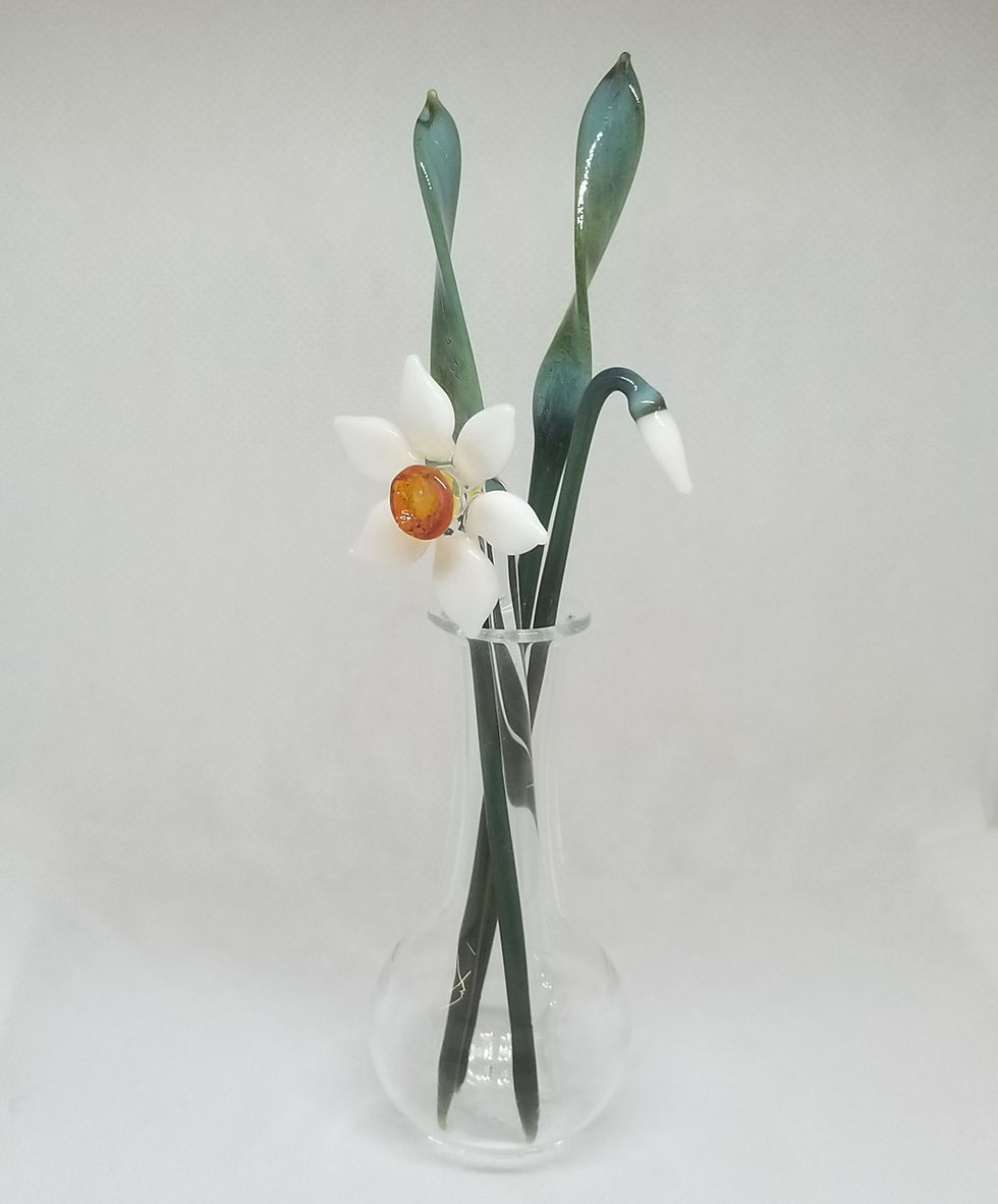 Thumbnail: White narcissi in vase with leaves and bud, hand made glass flowers