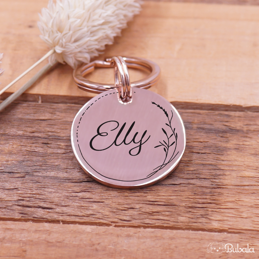 Hundemarke Edelstahl, graviert, Roségold, Frontansicht, mit schmalem Blütenrahmen