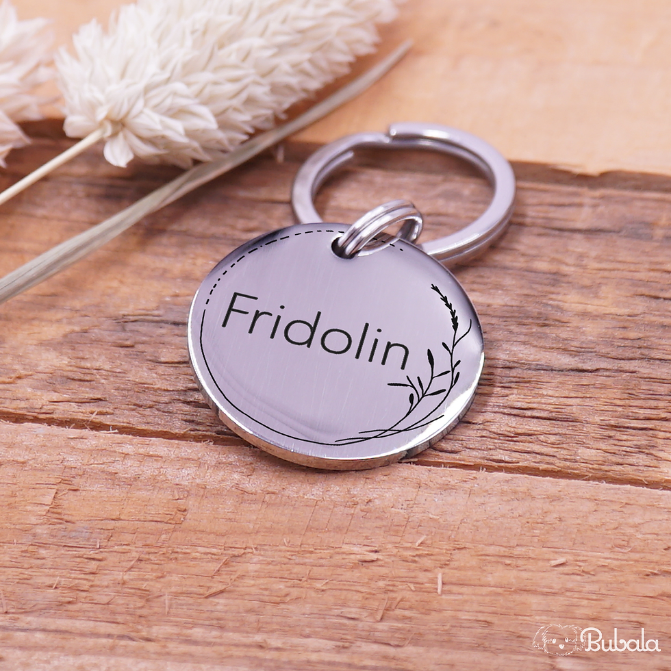 Thumbnail: Hundemarke Edelstahl, graviert, Silber, Frontansicht, mit schmalem Blütenrahmen