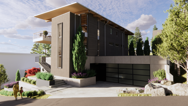 An architectural rendering of a contemporary house designed by Rhodes Architecture  + Light