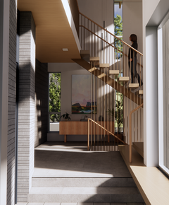 An architectural rendering of a light filled stairwell and entryway. Contemporary home designed by Rhodes Architecture + Light