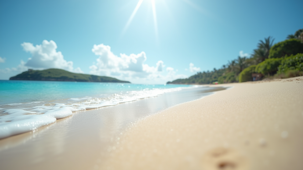 Eye-level view of a serene beach with crystal clear waters