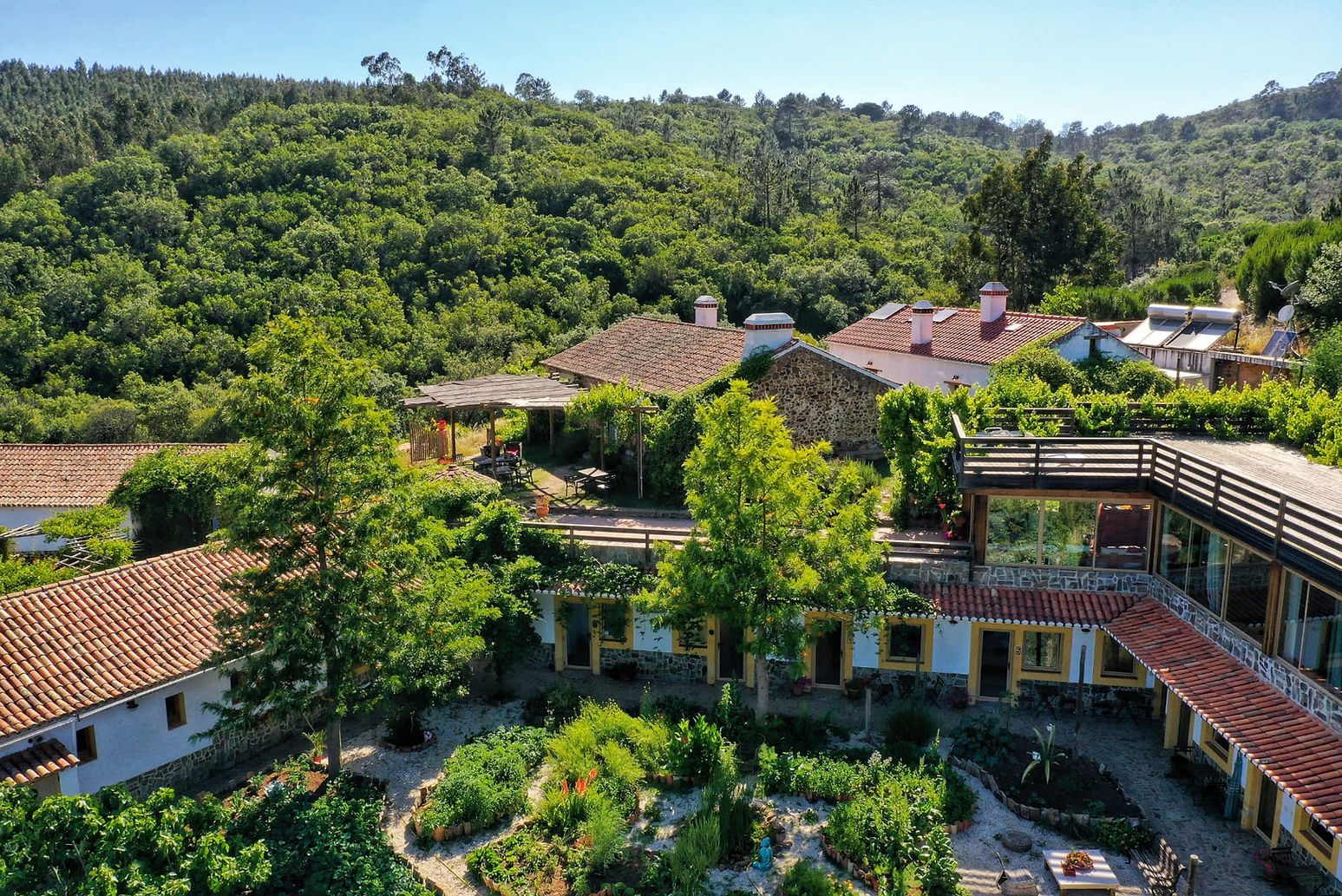 aerial view of a group of houses with forest in the back