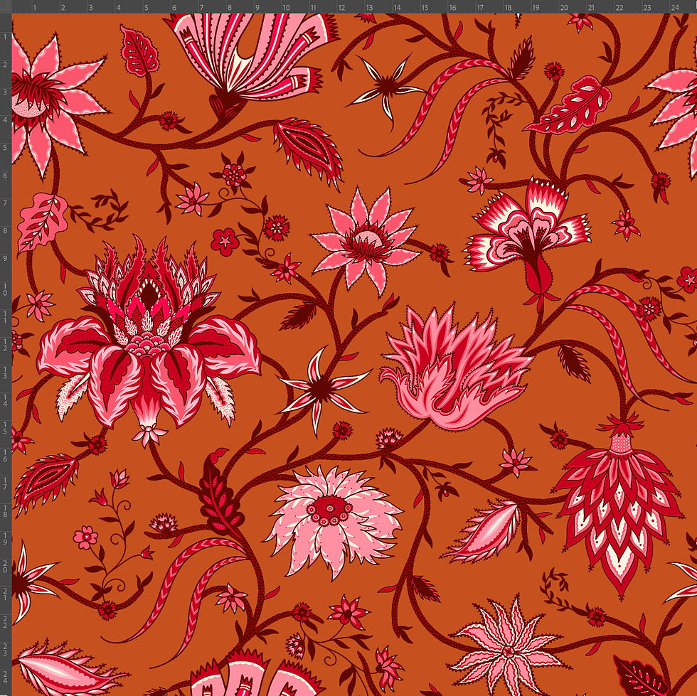 Miniature : tissu lycra Coromandel motif indienne imprimé terracotta, rose et rouge - mesure du motif
