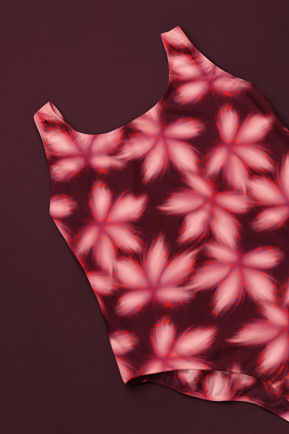 Miniature : tissu lycra Akasumi motif japonisant rouge fluo rose et bordeaux - vue du motif sur maillot de bain