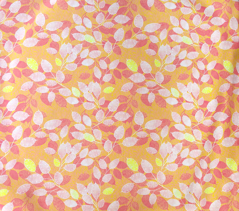 Miniature : Tissu lycra Lunaria solaris motif végétal monnaie du pape imprimé corail, jaune et blanc - vue élargie du motif