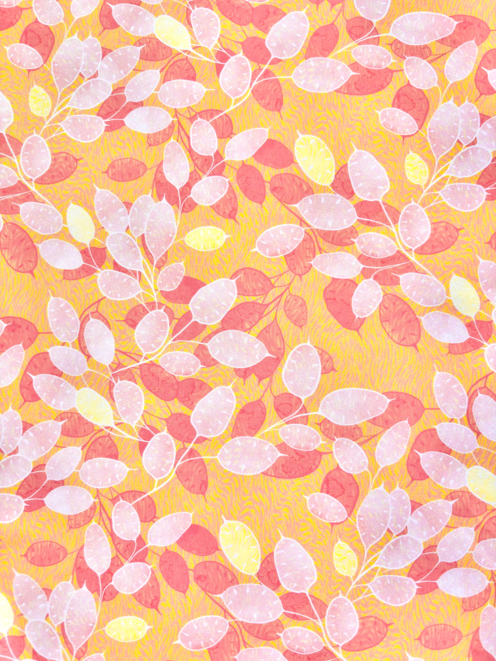 Tissu lycra Lunaria solaris motif végétal monnaie du pape imprimé corail, jaune et blanc - vue du motif