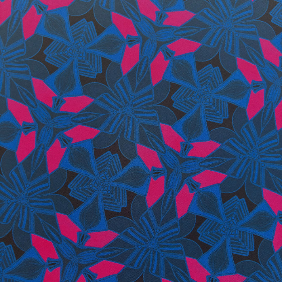 Miniature : Tissu lycra Kaleida by night imprimé kaleidoscope bleu noir et rose néon - vue du motif