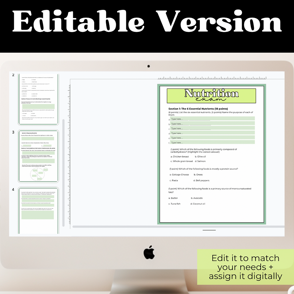 Thumbnail: Nutrition 65 Point Editable Exam: High School Health Class