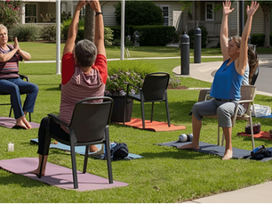 People seated on chairs doing yoga outside on green grass. They stretch their arms upwards. Bright summer day with buildings nearby.
