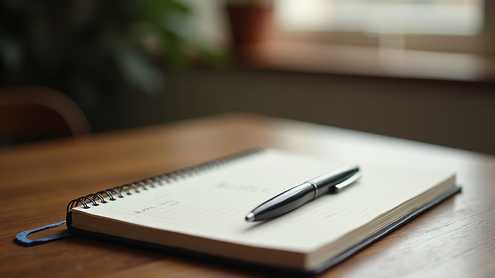 Close-up view of a journal and pen on a wooden table
