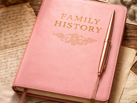 Pink book titled Family History with a pen, surrounded by vintage photos and letters on a wooden table, alongside a vase with pink flowers.