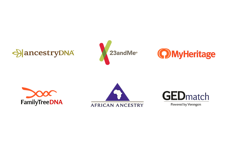 Logos of DNA testing companies on a green gradient background: AncestryDNA, 23andMe, MyHeritage, FamilyTreeDNA, African Ancestry, GEDmatch.