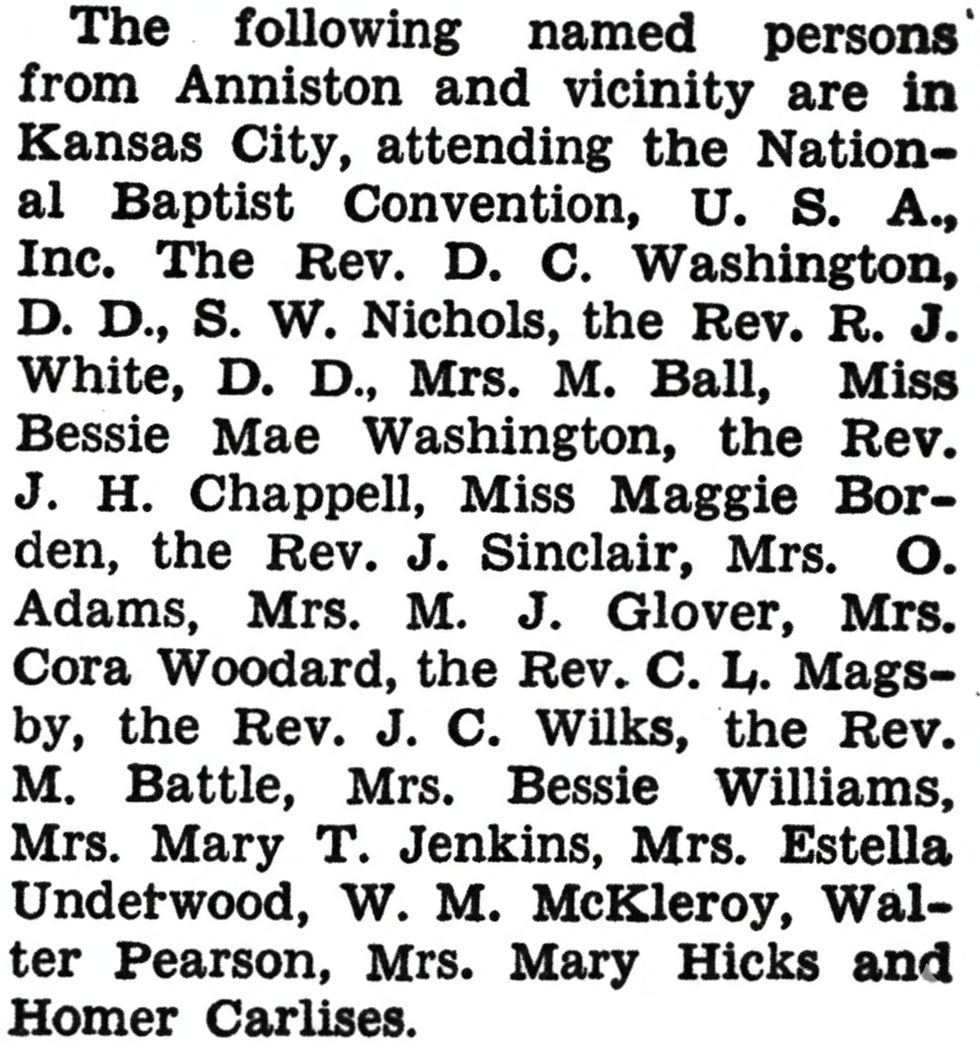 Text listing individuals from Anniston attending the National Baptist Convention in Kansas City, mentioning several reverends and Mrs. Bessie Mae Washington.