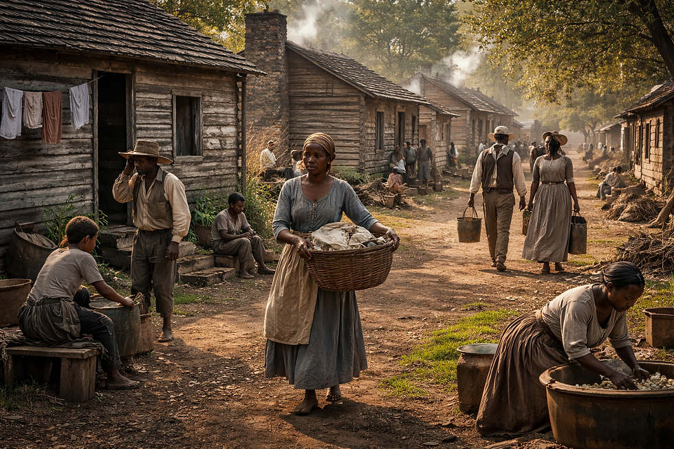 Historic slave quarters circa 1800s clothing. Woman carries basket, others work and walk. Log cabins line the dirt path. Rustic mood.