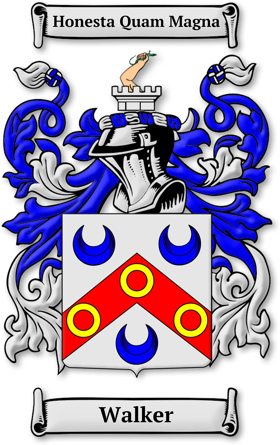 Coat of arms with a blue and white design, featuring a knight's helmet, three crescent moons, and a red chevron. Text reads "Honesta Quam Magna" and "Walker".