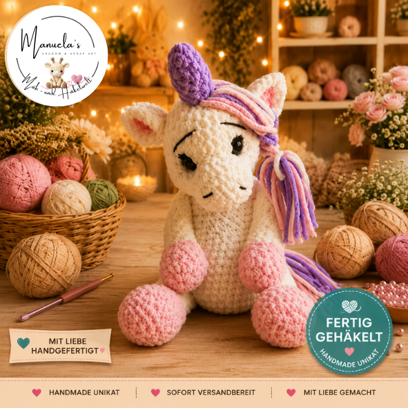 Gehäkeltes Einhorn Amigurumi (40 cm) – Handmade Unikat aus Chenille Garn