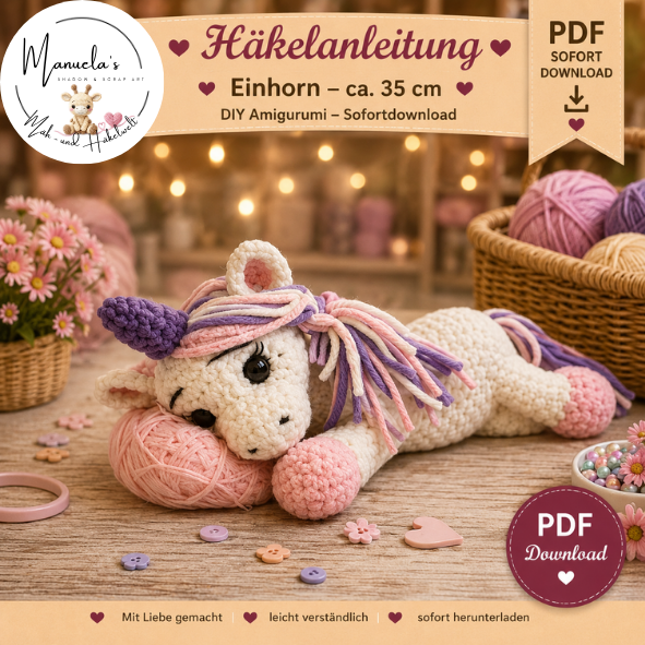 Häkelanleitung Einhorn – ca. 35 cm – DIY Amigurumi – Sofortdownload – PDF