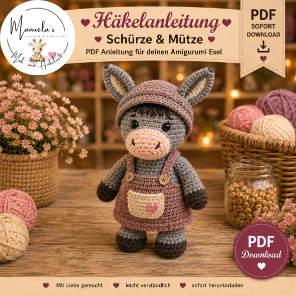 Häkelanleitung als PDF Schürze & Mütze für einen Amigurumi Esel