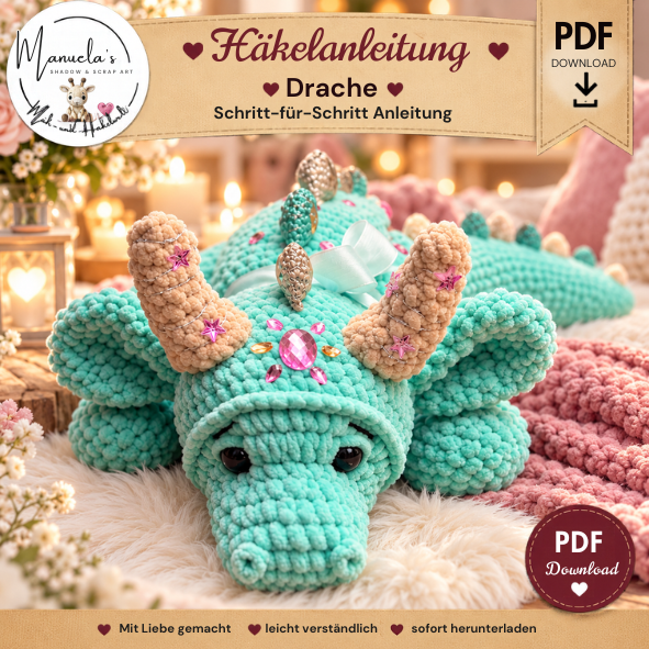 Drachen Häkelanleitung PDF – großer Glücksdrache Amigurumi 49 cm