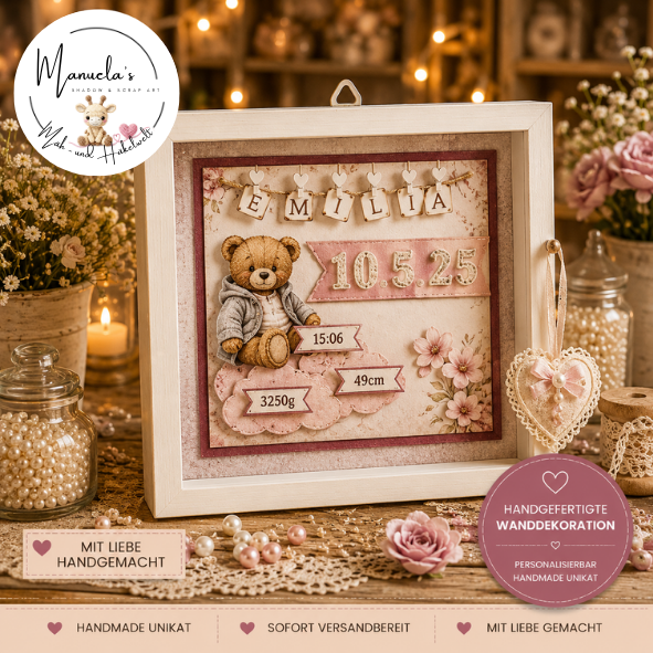 Personalisierte Shadowbox mit Bär Motiv für ein Mädchen
