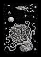 Original ink drawing of an octopus with its tentacles wrapped around the moon by Seattle contemporary artist Dmitri Ivanov
