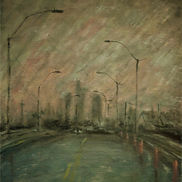 Rainy Seattle skyline in the distance as seen out of a car crossing a high rise bridge.