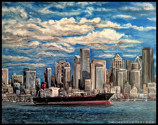 Black containership in the bay in front of Seattle downtown waterfront with white clouds above