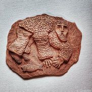 Original clay sculpture of a  fisherman reaching down while a fish escapes him on the floor by Seattle contemporary artist Dmitri Ivanov