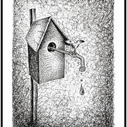 Original ink drawing of birdhouse with a water faucet protruding through the entrance opening, with the water valve shaped as a bird by Seattle contemporary artist Dmitri Ivanov