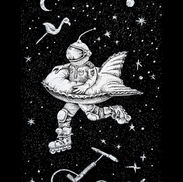 Original ink drawing of an astronaut in space wearing rollerblades and a pump-up spaceship shaped pool toy around his waist by Seattle contemporary artist Dmitri Ivanov