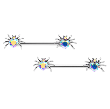 Thumbnail: 14 Gauge 5/8 Aurora Gem Sexy Heart Spider Barbell Nipple Ring Set