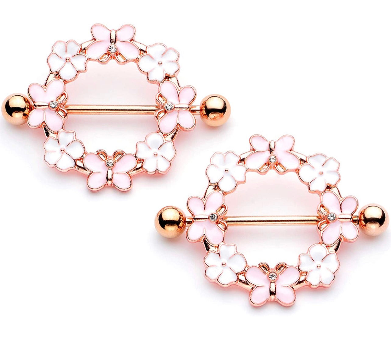 NipplePiercing PVD Steel Rosy White Flower Butterfly Nipple Shield -pair