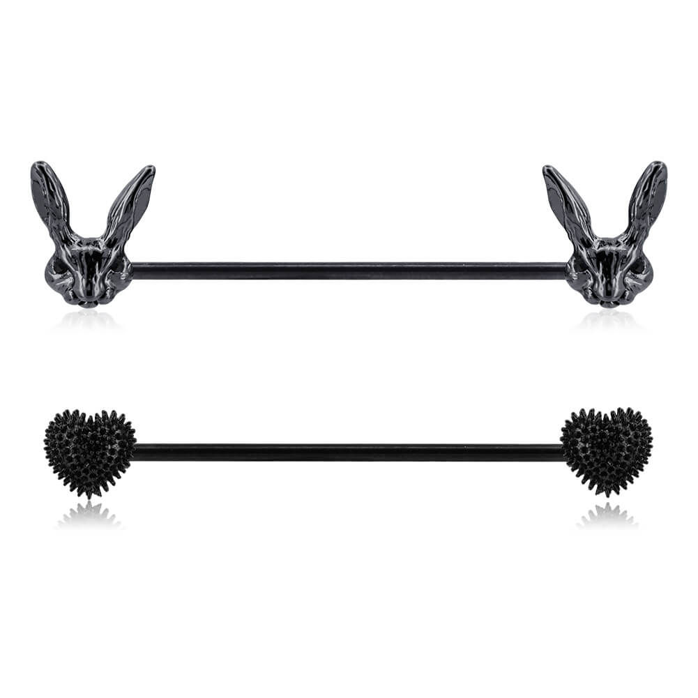 14G Rabbit and Heart Black 37mm Industrial Barbell Pack