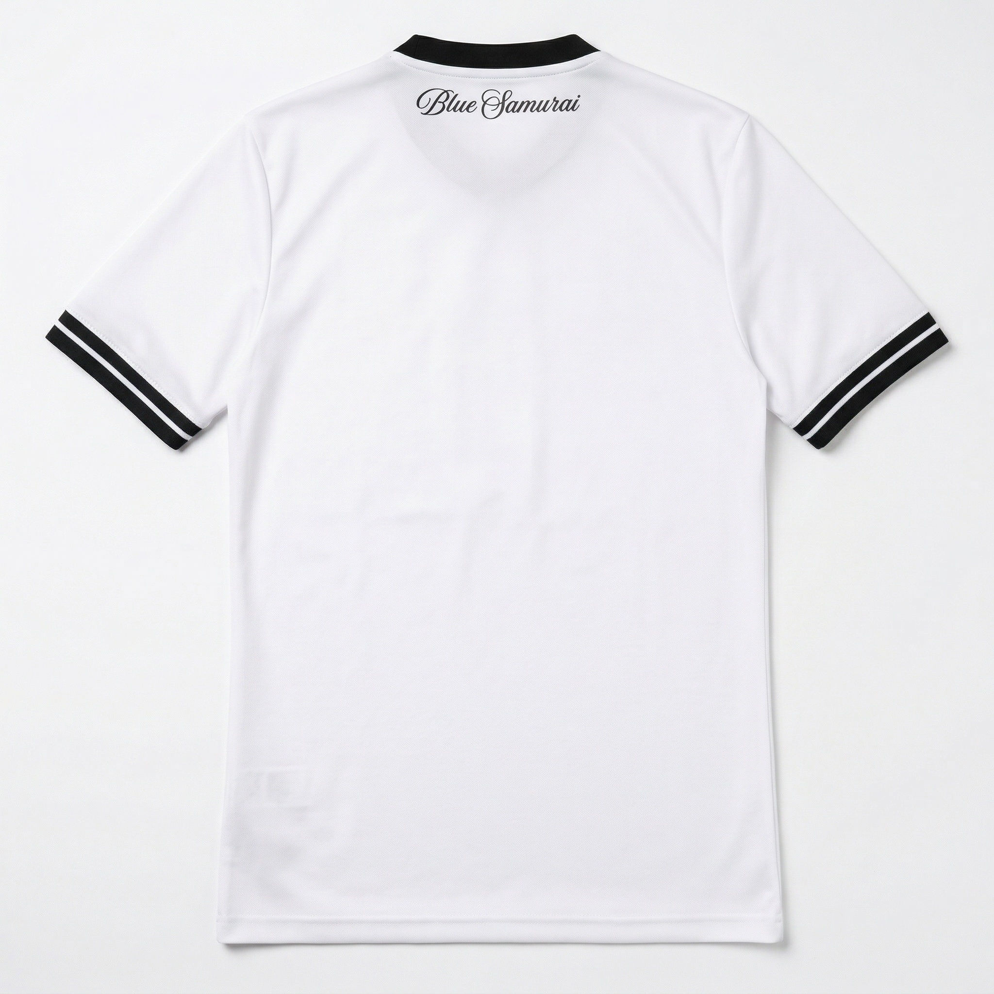 Back view of Japan custom soccer jersey with clean white design and Blue Samurai collar detail