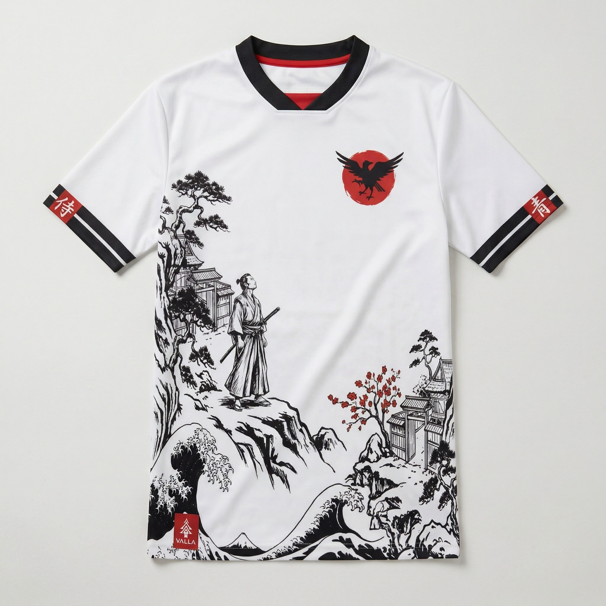 Front studio product shot of Japan inspired custom soccer kit featuring samurai and landscape artwork