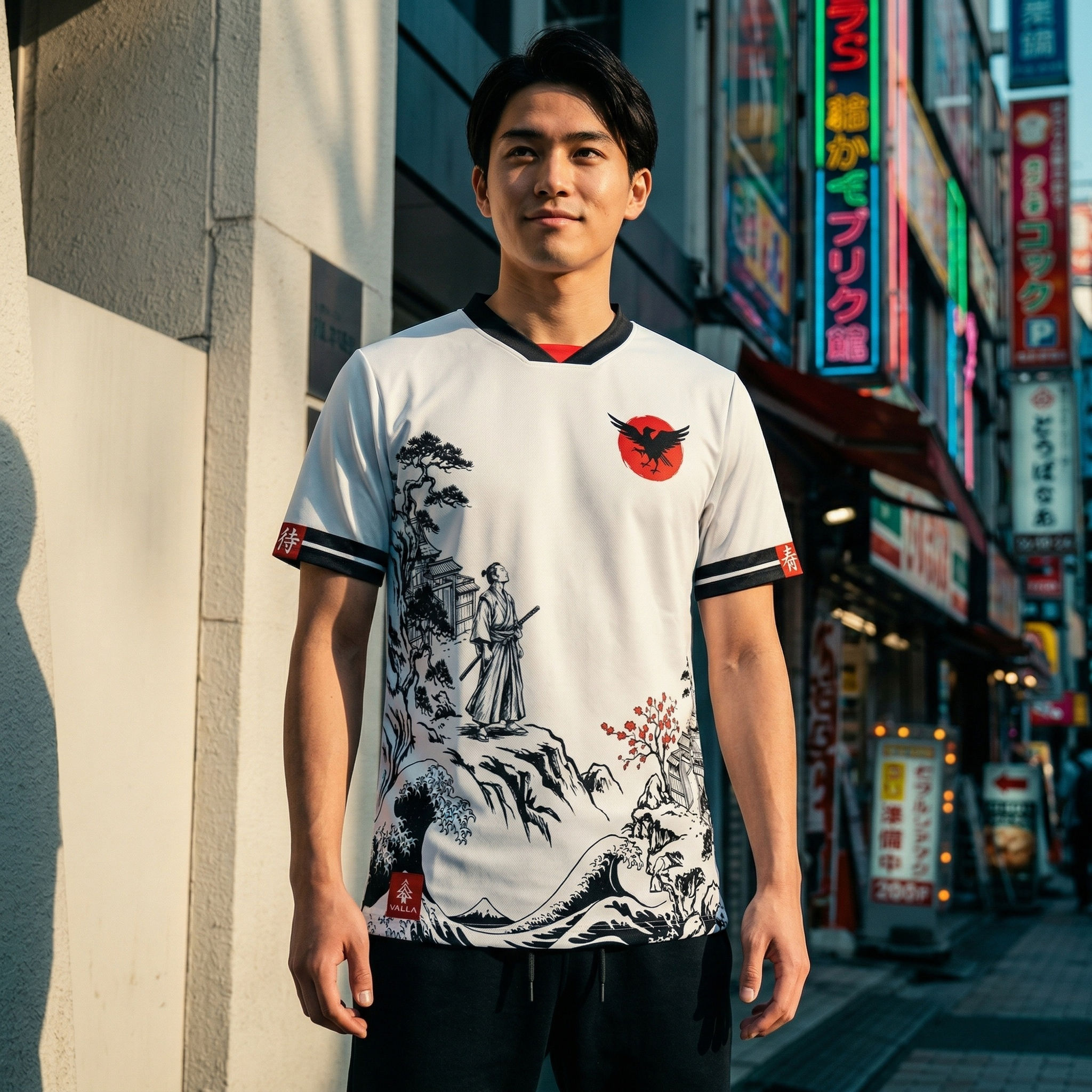 Model wearing Japan inspired custom soccer kit in lifestyle setting showing clean modern football style