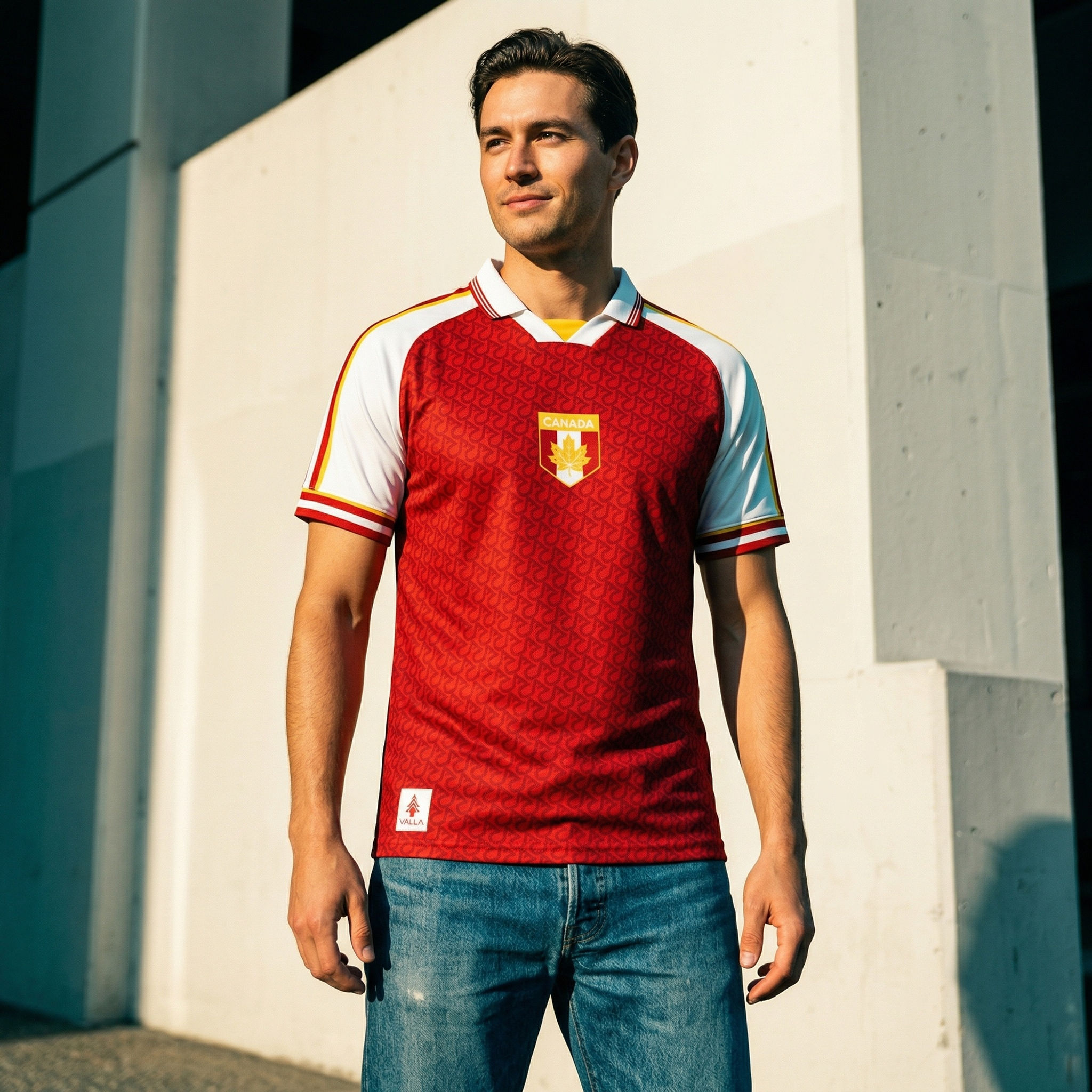 Model wearing Canada inspired custom soccer kit in lifestyle setting showing modern Canadian pride