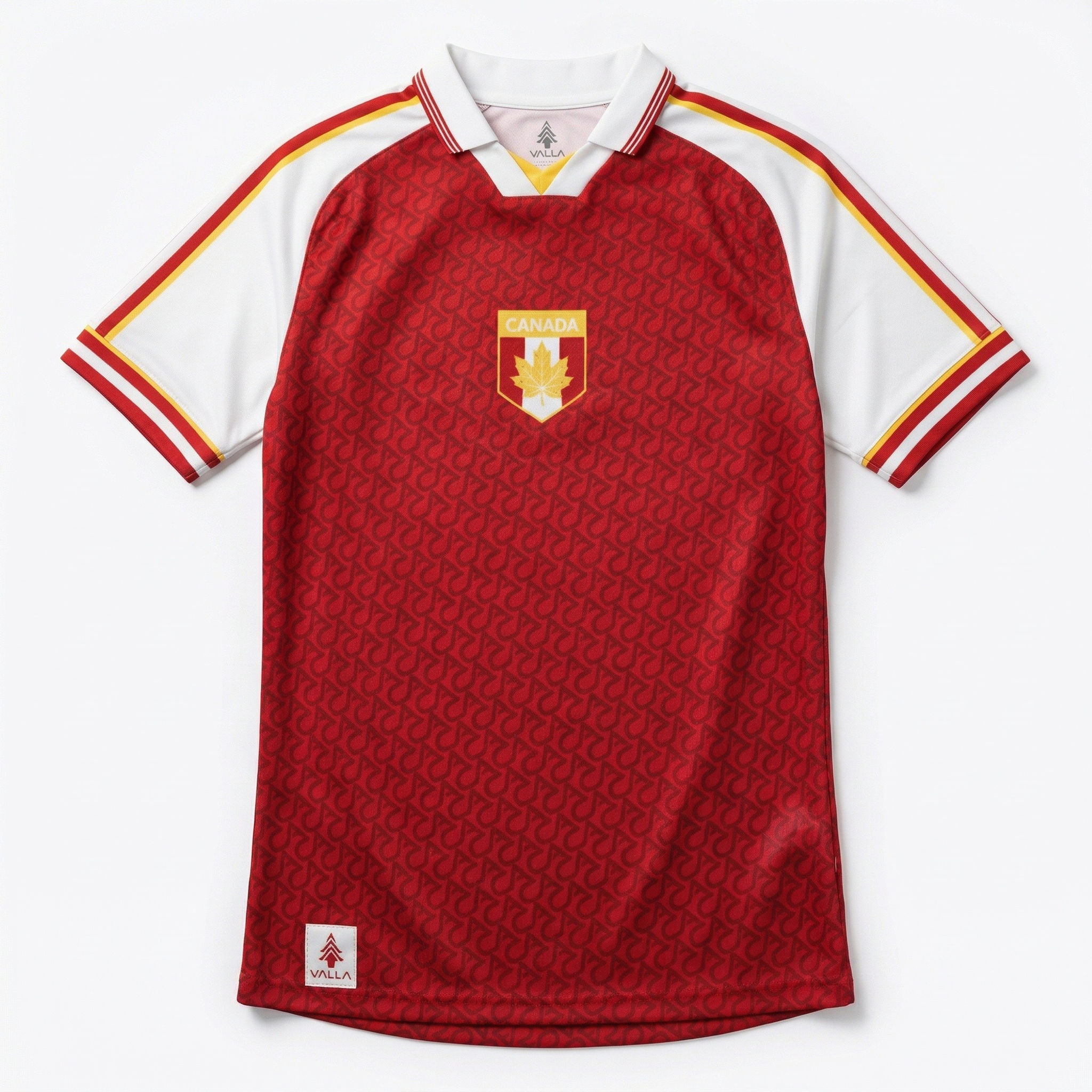 Front studio product shot of Canada inspired custom soccer kit with gold maple leaf crest