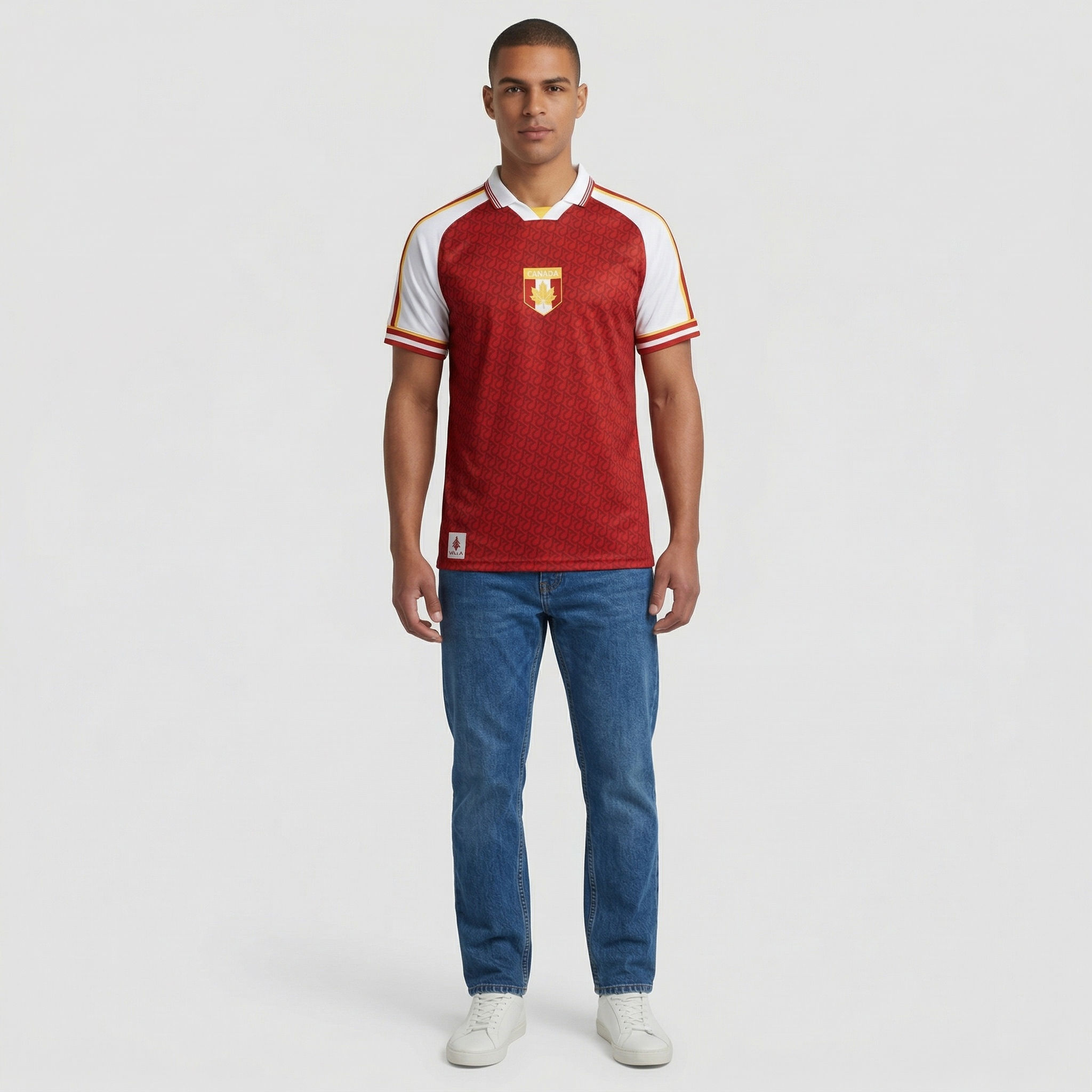 Canada custom soccer jersey worn on body in studio highlighting fit and retro-inspired design