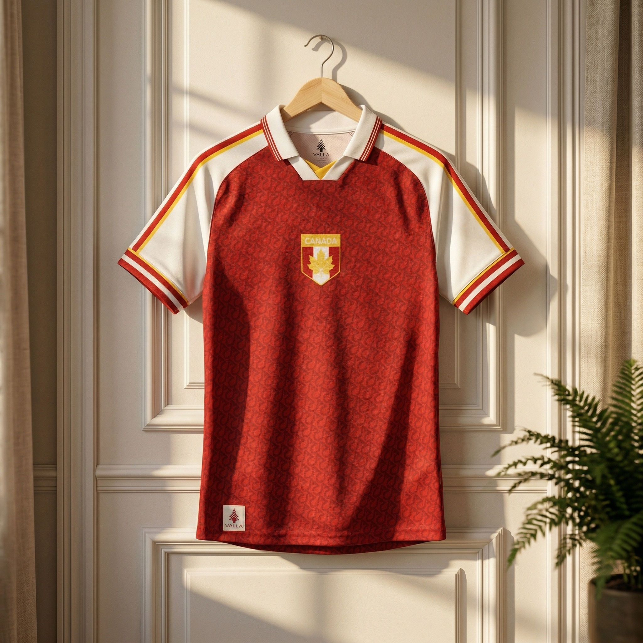 Canada inspired custom soccer kit front view with red base white shoulders and heritage design